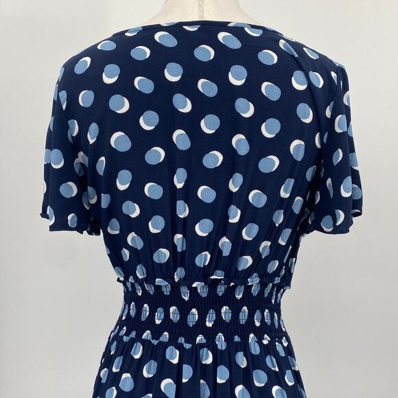 Ann Taylor Midi Dress Fit & Flare Blue Polka Dot Print Empire Waist Navy Blue S - Picture 6 of 9